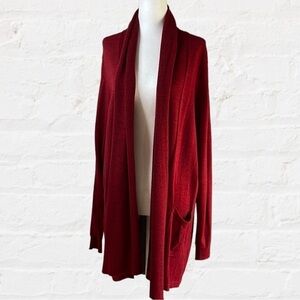 SOFT surroundings dark red long sleeve cardigan fabric insert on back.